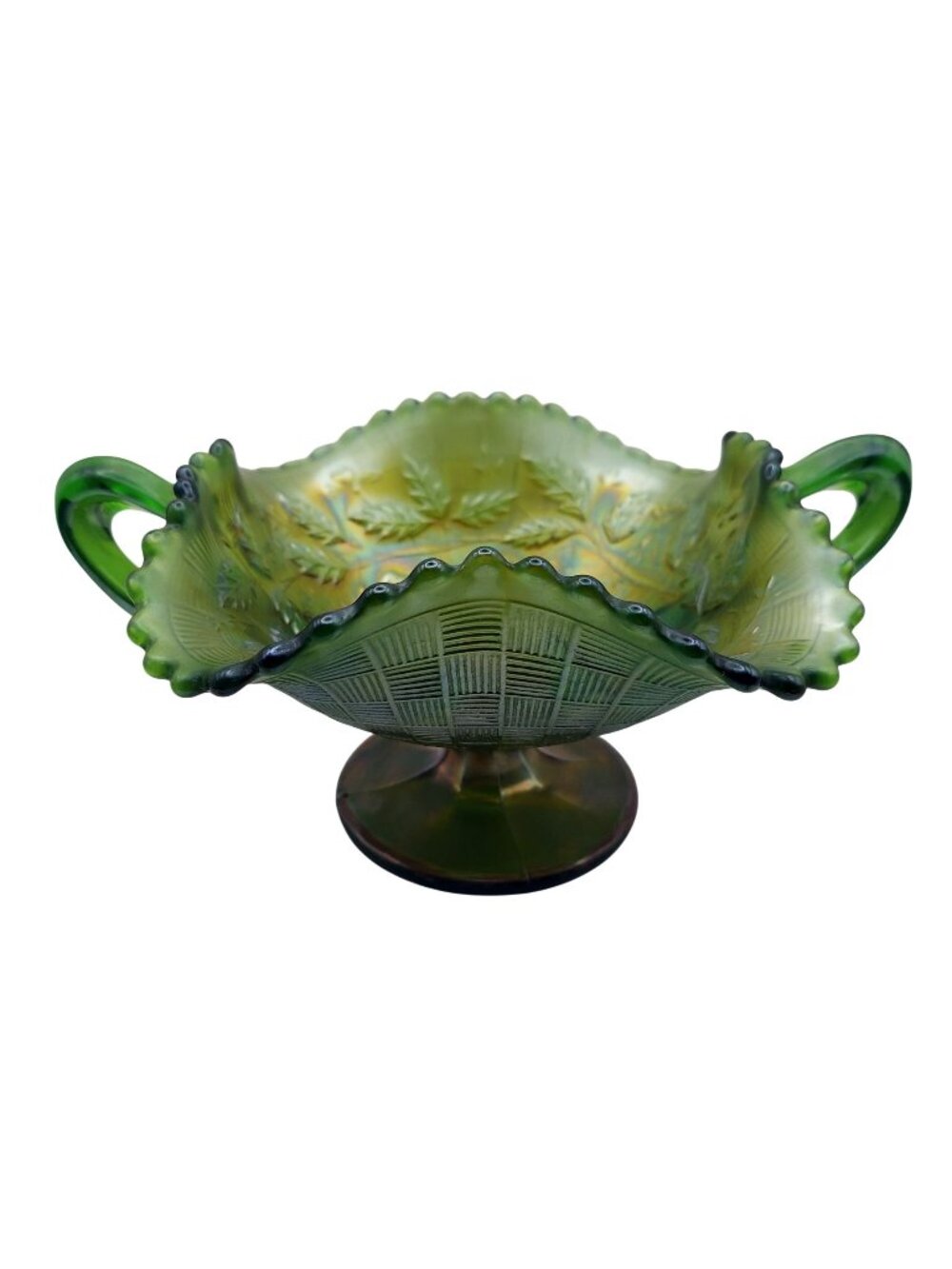 Northwood Carnival Glass Bonbon Compote Fruits & Flowers Green Two Handled 1911